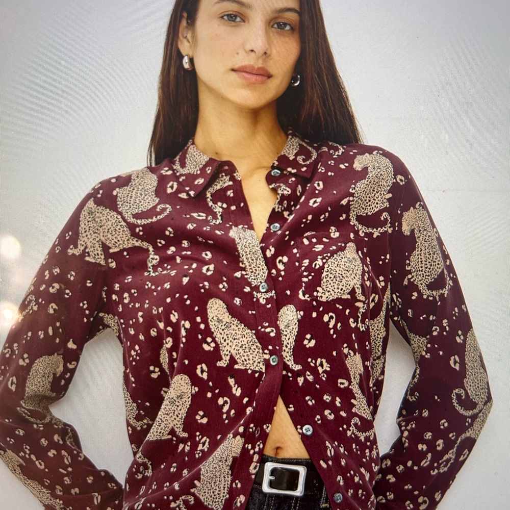 Maroon Leopard Print 100% Silk Button-Up Blouse by Rails, size S